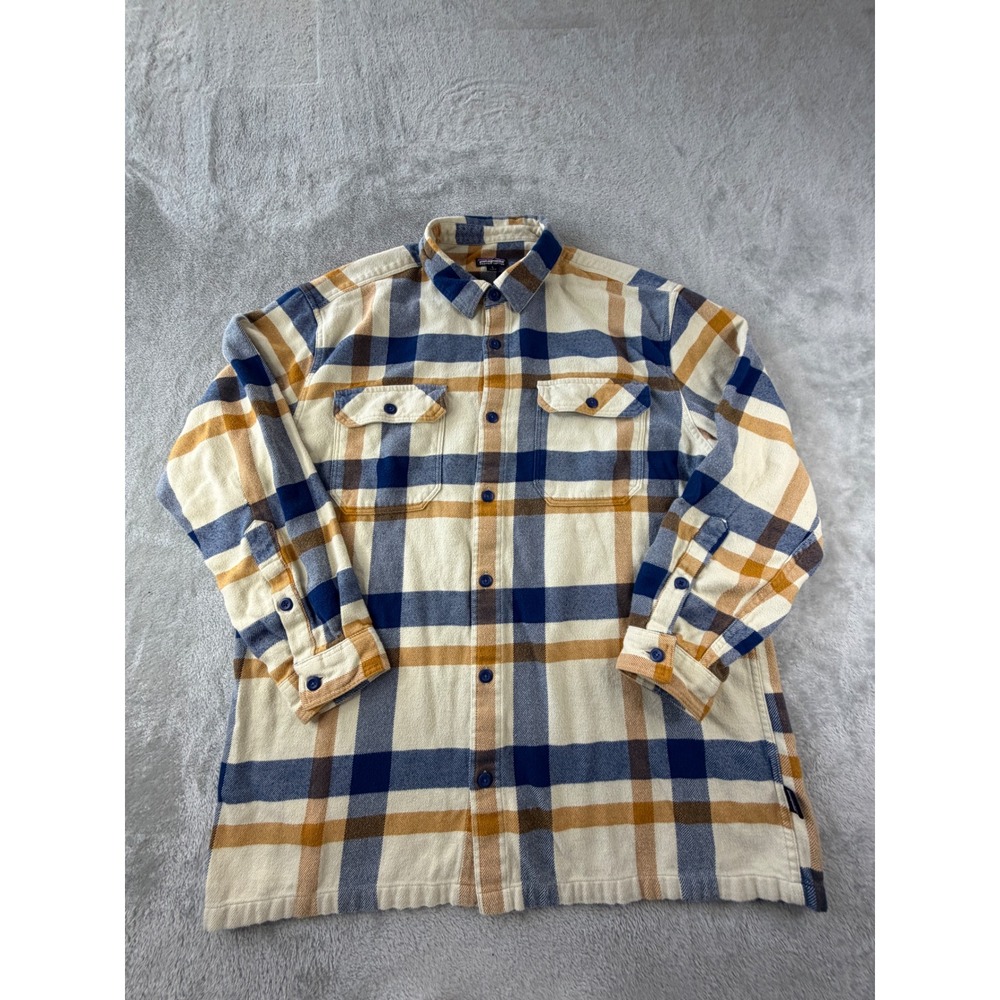 Patagonia Flannel Shirt Mens Large Cream Blue Orange Plaid Fjord
